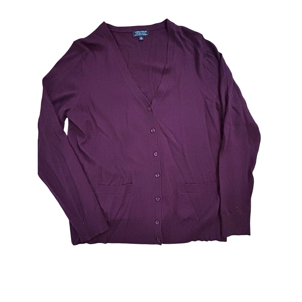 Vintage Lord & Taylor Fine Merino Wool Burgundy V-Neck Cardigan Sweater Mens Lg